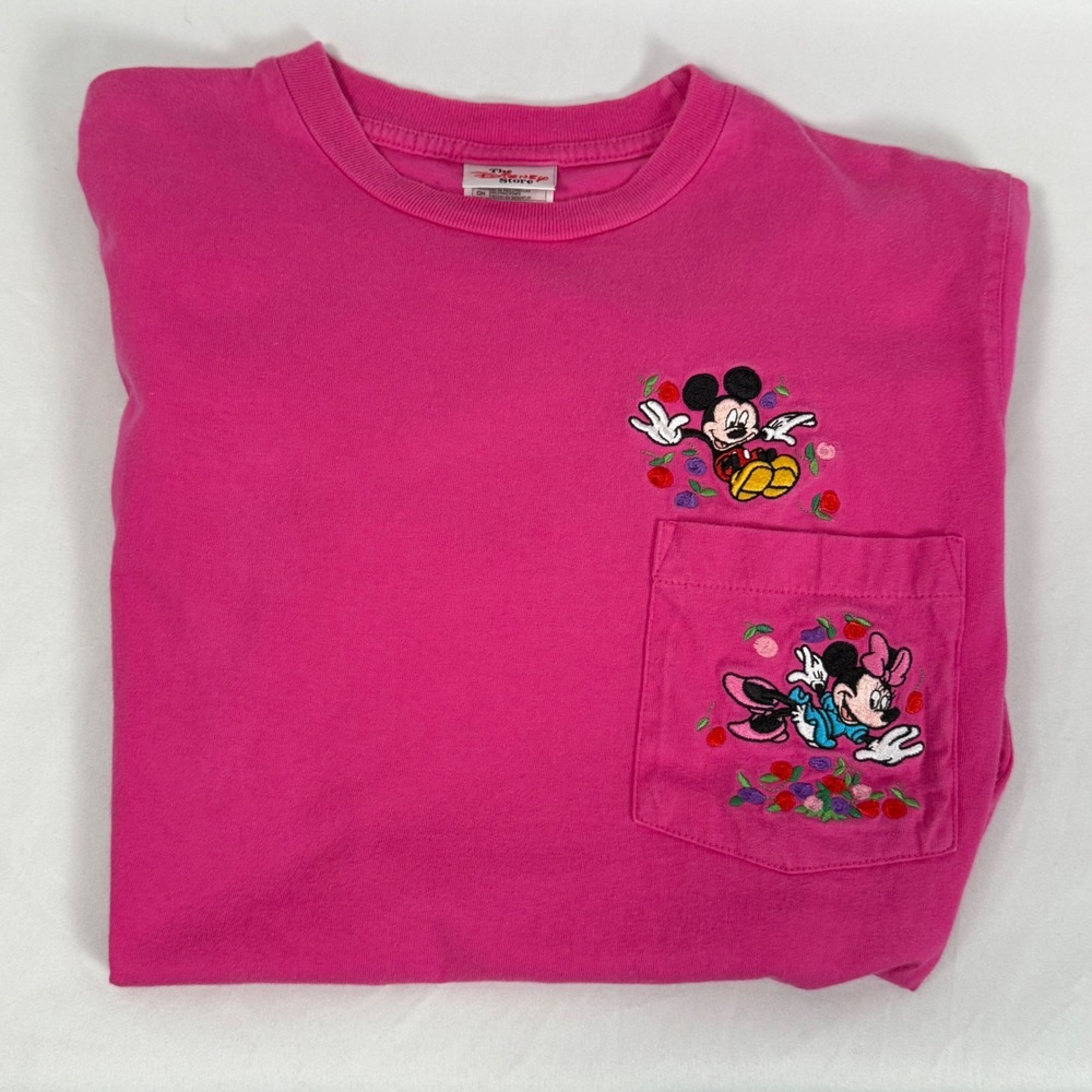 Disney Store Pink Mickey Minnie Mouse Embroidered Pocket T-Shirt Women S VTG 90s